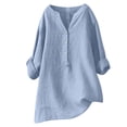 thumbnail image 1 of RKSTN Womens Tops Cotton and Linen V-Neck Long Sleeve Three Buttons Plus Size Tops Loose Fit Solid Color Basic Breathable Summer Tops Blouses, 1 of 5