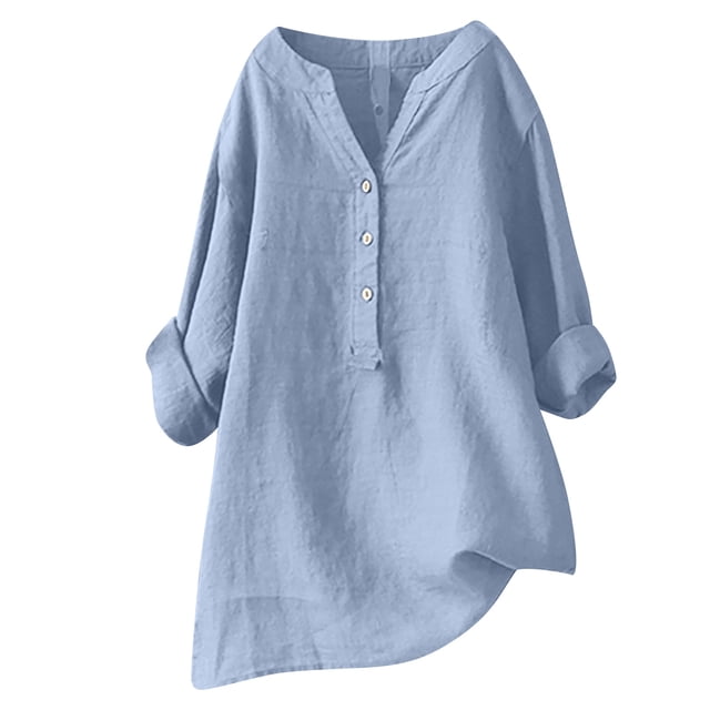 RKSTN Womens Tops Cotton and Linen V-Neck Long Sleeve Three Buttons Plus Size Tops Loose Fit Solid Color Basic Breathable Summer Tops Blouses