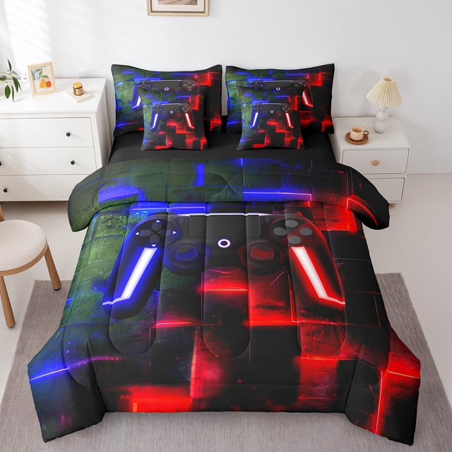 YST Gamer Gaming Bedding Set, Geometric Neon Checkered, 7-Piece, Full Size