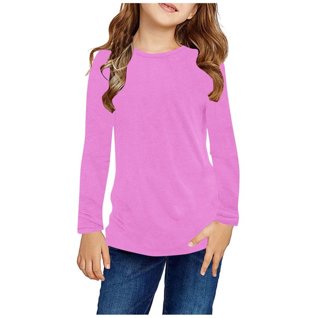 RXIRUCGD Chemises à Manches Longues pour Filles, Col Rond Mignon, Blouses Décontractées Élégantes, Rose, Taille : 11 Ans
