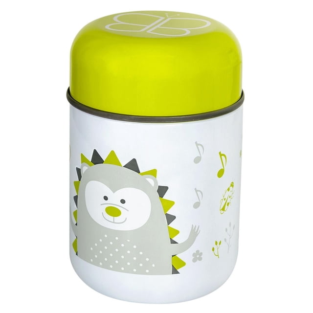 Bbluv - Foöd - Contenant Alimentaire Thermique avec Cuillère et Bol avec Corps Blanc Présentant un Hérisson de Dessin Animé Gris et Jaune et des notes de Musique, Surmonté d'Un Couvercle Jaune Vif avec le logo Bbluv, Isolé pour Garder les Aliments Chauds pendant 6 Heures Ou Froids pendant 8 Heures, Étanche et Pratique pour le Voyage.