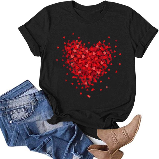 TIMIFIS T-Shirts de la Saint-Valentin Chemises pour Femmes Été Décontracté Manches Courtes Col Rond T-Shirt Hauts Mode T-Shirt Imprimé Cœur d'Amour