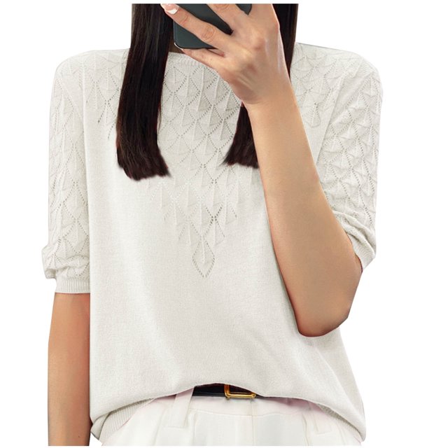Olyvenn Women T-Shirt à Manches Courtes en Tricot de Soie Glacée Ajourée pour Femme, Col Rond Ample, Chandail Tricoté, Haut, Blanc, TTG