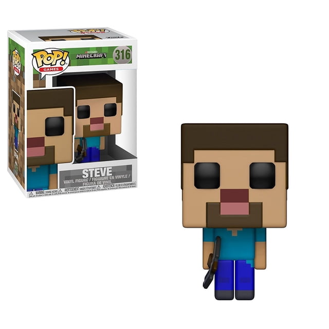 POP My World Périphérique Creeper Steve Modèle Fait à la Main Ornement Poupée par CheAkmate. Cette Figurine en Vinyle de Collection Présente un design Bloc Inspiré de Minecraft, avec Steve Portant une Chemise Sarcelle et un Pantalon Bleu, Tenant un Outil. la Figurine Est Exposée aux Côté de Son Emballage de Marque, Étiquetée comme POP Games 316.