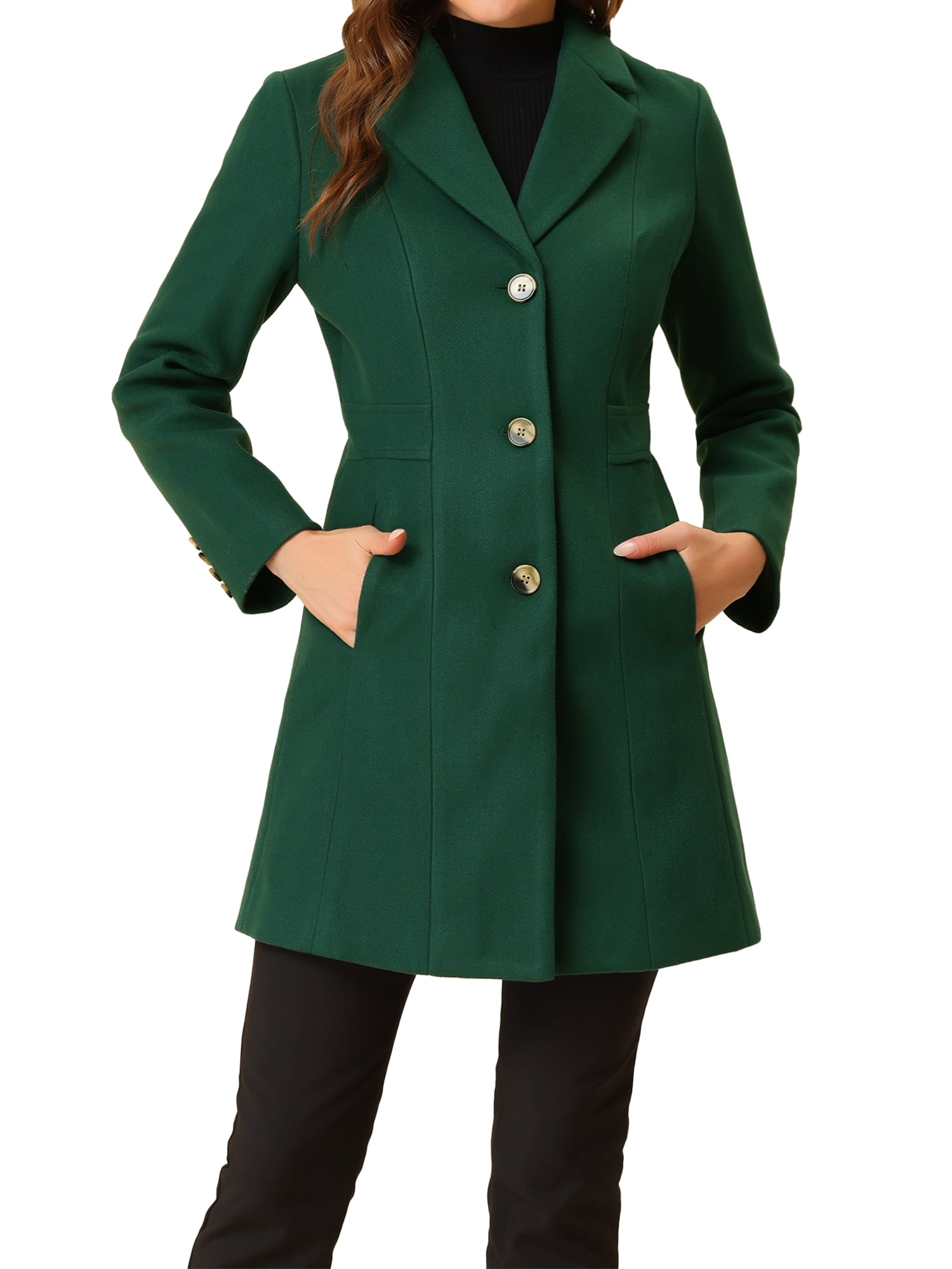 INSPIRE CHIC Manteaux d'Hiver Longs pour Femmes à Simple Boutonnage à Revers Cranté Vert TG