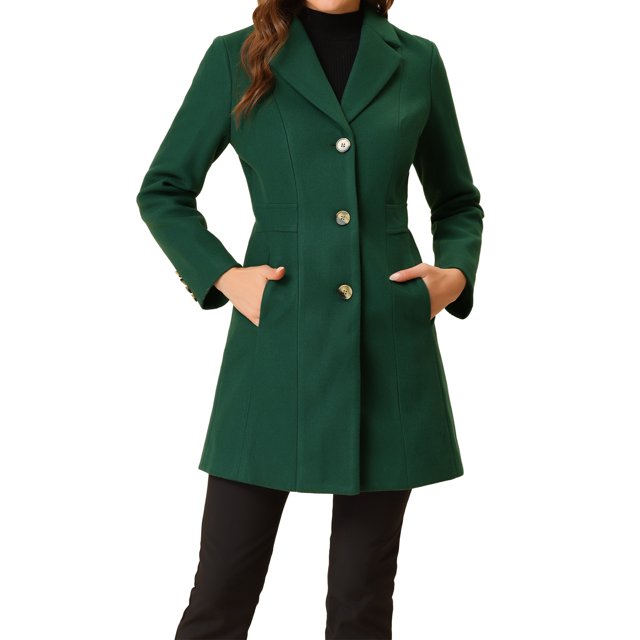 INSPIRE CHIC Manteaux d'Hiver Longs pour Femmes à Simple Boutonnage, Revers Cranté, Vert m