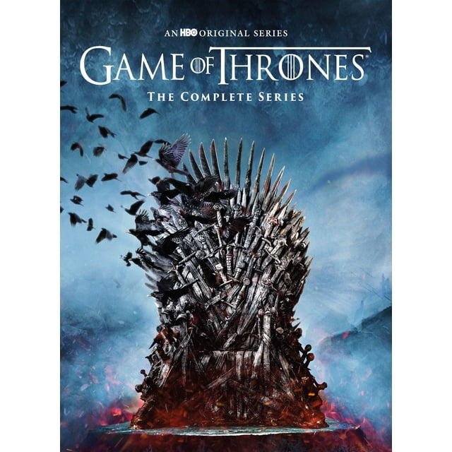 Game of Thrones Série Complète (DVD) Pochette Mettant en Vedette l'Emblématique Trône de Fer Entouré de Corbeau Volants sur un Fond Bleu Dramatique et Ardent. le Texte « An HBO Original Series » et « the Complete Series » Sont Exposés de Façon Prééminente.