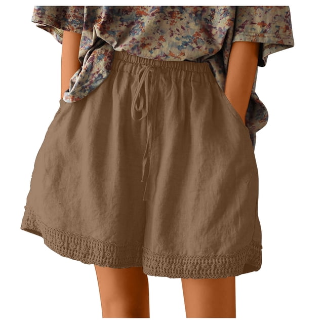 Timegard Womens Plus Size Shorts Cotton Linen Elastic High Waisted Wide Leg Lounge Shorts with Pockets
