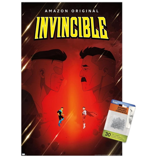 Invincible - Affiche Murale Père et Fils en une Feuille, 22,375 Po x 34 Po Représentant Deux Grands Profils Latéraux de Personnages Masculins Se Affrontant sur un Fond Rouge avec de Légères Stries, avec des versions Plus Petites de Superhéros des Personnages Flottants au Centre, Idéal pour l'Art Mural dans les Chambres, Bureaux Ou Dortoirs.