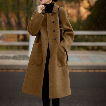 EGNMCR Trench Coats for Women Notch Lapel Single Breasted Wool Long Jacket Winter Solid Color Overcoat Coats with Pockets