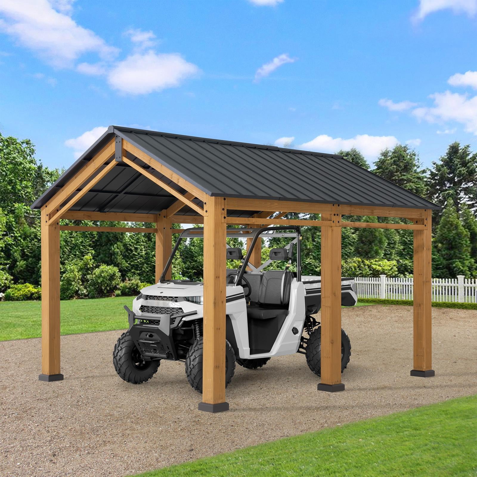 Sunjoy Gazebo en bois 13 pi x 11 pi Abri d'auto à toit rigide Abri d'auto robuste avec toit en acier et structure en bois, gazebo à toit à pignon en cèdre pour voitures et équipement d'extérieur
