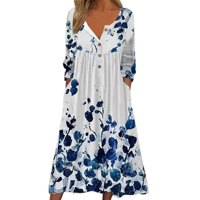 Robes pour Femmes Dames Décontractées Mode Imprimées Col Boutonné Robe à Manches Longues avec Poches Noir G
