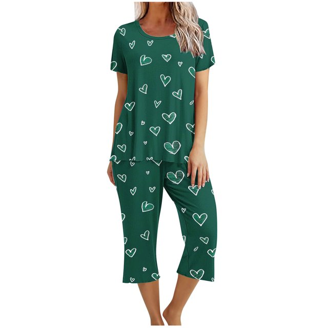 Offre à Durée Limitée Iumwxz Pyjamas Doux Tendance Ensembles Assortis Tenues de Voyage pour Femmes Col Ras du Cou à Motif de Cœur Manches Courtes Taille Élastique Pantalon Court Tenues pour Femmes Tenue de Rue