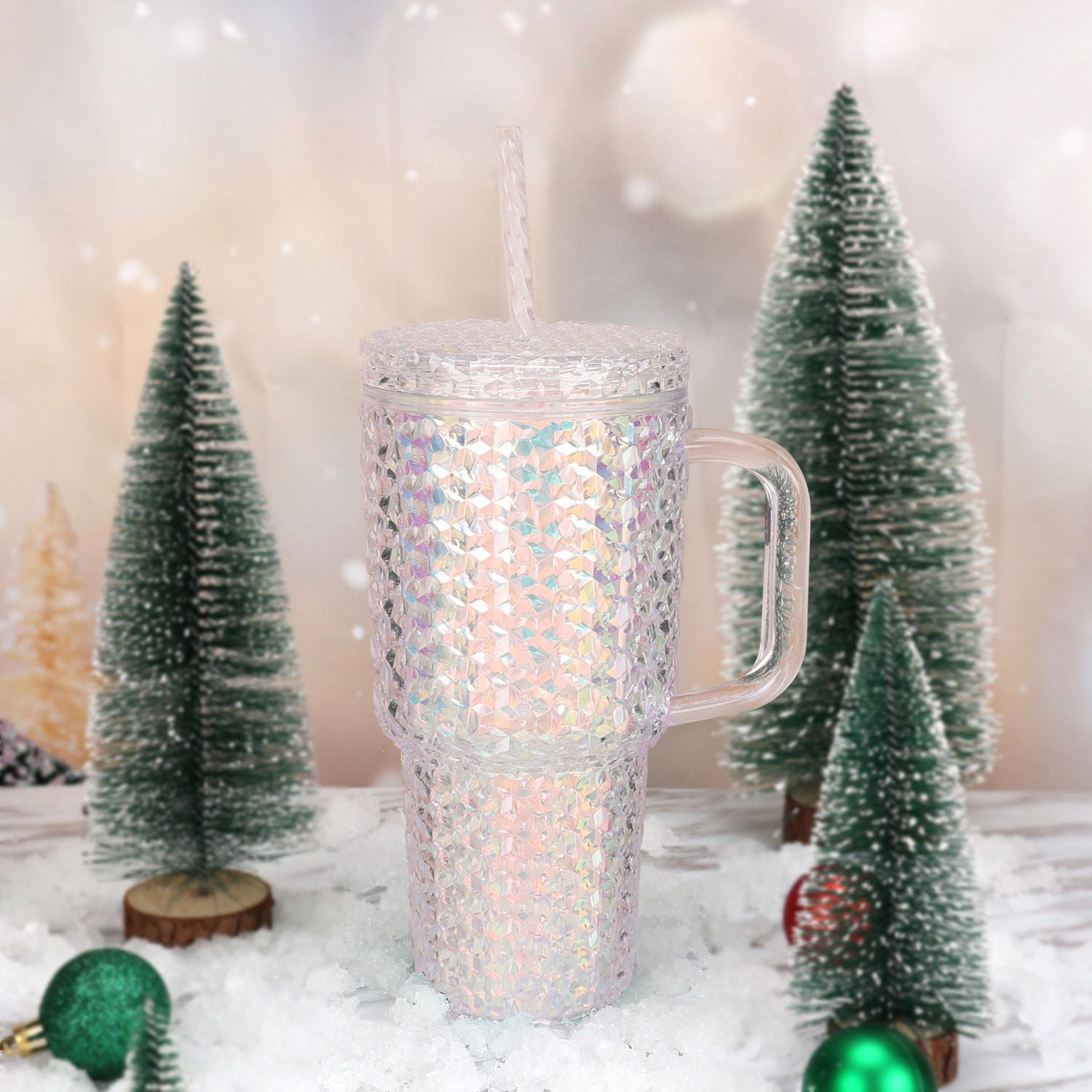 Holiday Time Gobelet texturé à double paroi en acrylique transparent irisé de 32 oz avec poignée 1 pièce