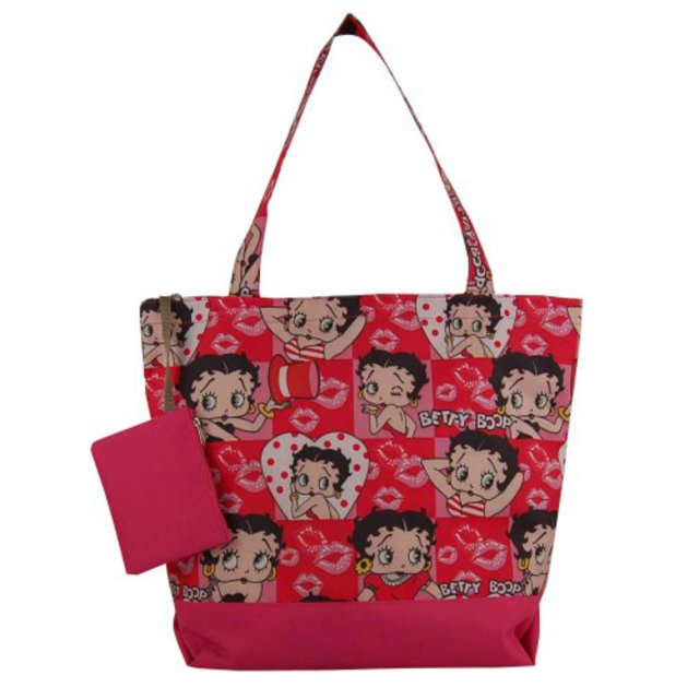 Betty Boop Tote Bag Fashion Shoulder Bag in fuchsia pink featuring a vibrant Betty Boop and hearts design. The tote has dual shoulder straps, a snap closure, and an attached matching coin purse. Ideal for carrying daily essentials with a stylish flair.
