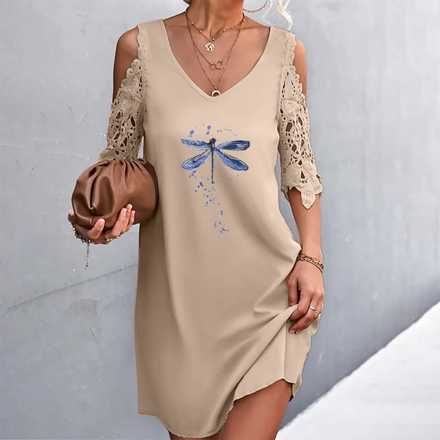 SMihono Robe d'Été Grande Taille pour Femmes 2023 Mode Femmes Décontractée Aguichant à Col en V Imprimé Dentelle d'Été à Manches Courtes Robe Mini