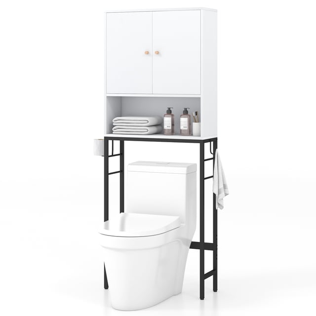 Over The Toilet Storage Cabinet Bathroom Toilet Organizer in white with a double-door cabinet, open compartment, adjustable shelf, and bottom bar. Features include side hooks, soft close hinges, anti-toppling system, and adjustable foot pads for stability. Space-saving design ideal for bathrooms, laundry rooms, or balconies.