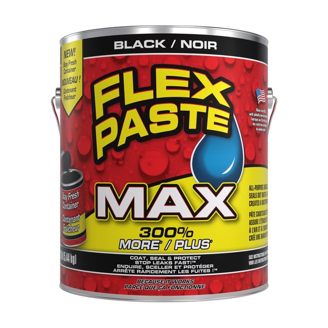 Flex Pâte MAX - Pâte Caoutchoutée Imperméable Tout Usage en Noir, Contenant de 12 lb (2,72 kg). Idéale pour les Réparations Intérieures et Extérieures, Y Compris les Interstices d'Étanchéité, les Fissures et les Trous sur les Toitures, les Fondations, les Cloisons Sèches et Plus. Offre une Formule Caoutchoutée super Épaisse Qui Adhère aux surfaces, Scelle l'Air, l'Eau et l'Humidité, et Peut Être Appliquée sous l'Eau. Peignable et Résistante aux UV, Convient aux Projets de