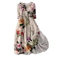 thumbnail image 1 of Pisexur Robes d'Été pour Femmes Mode Bohème à Imprimé Floral Robe Maxi Tunique Décontractée Taille Élastique Robe Soleil Col Rabattu Boutonnée Longue Robe Manches 3/4 Col en V Fluide Coton Lin Robe de Plage, 1 of 5