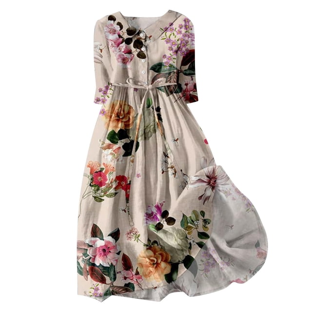 Pisexur Robes d'Été pour Femmes Mode Bohème à Imprimé Floral Robe Maxi Tunique Décontractée Taille Élastique Robe Soleil Col Rabattu Boutonnée Longue Robe Manches 3/4 Col en V Fluide Coton Lin Robe de Plage