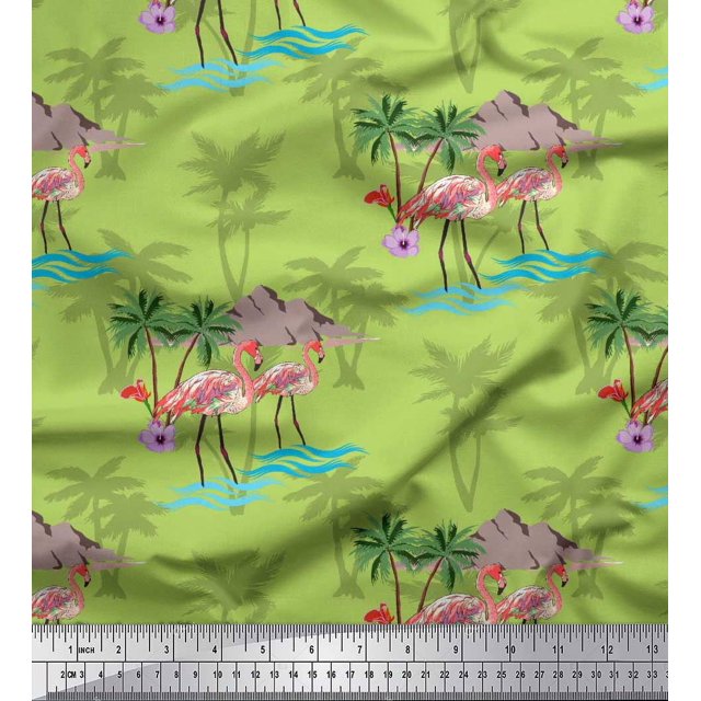 Soimoi Green Japan Crepe Satin Fabric Palm Tree, & Flamingo Bird Decor Fabric Printed Yard 42 Inch Wide