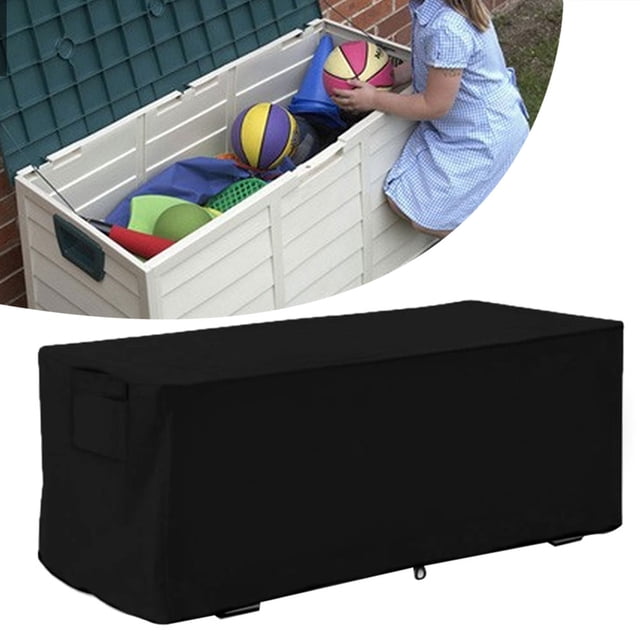 Deck Box Protector, Waterproof Deck Box Cover in black color, made from tear-resistant Oxford cloth. Lightweight, foldable, and easy to store with included storage bag. Designed for outdoor deck storage protection, offering rainproof, snowproof, dustproof, and sunscreen coverage for all seasons.