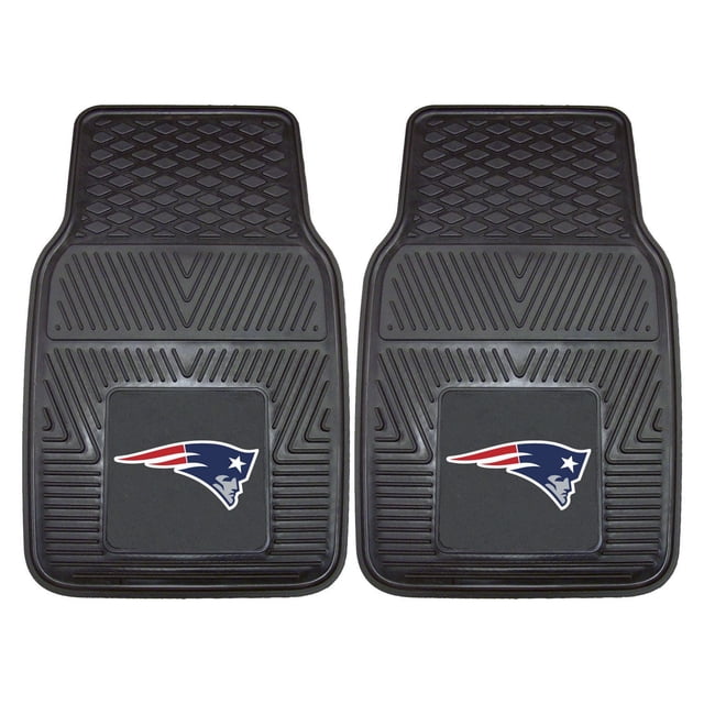 FanMats NFL New England Patriots vinyl car mat set of 2 in black heavy-duty vinyl with ribbed texture and molded 3D Patriots logo in team colours, featuring non-skid backing and deep pockets to trap dirt and water, suitable for protecting vehicle floors in all seasons.
