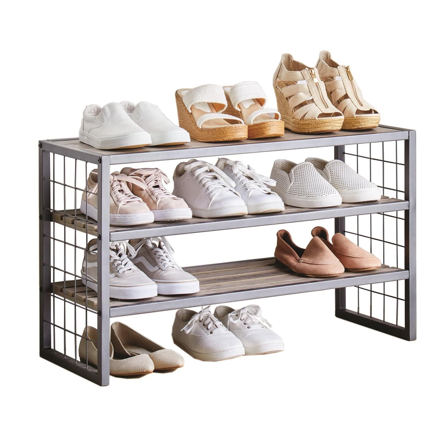 Mainstays 3-Tier Stackable Shoe Rack, Gray, Holds up to 12 Pairs