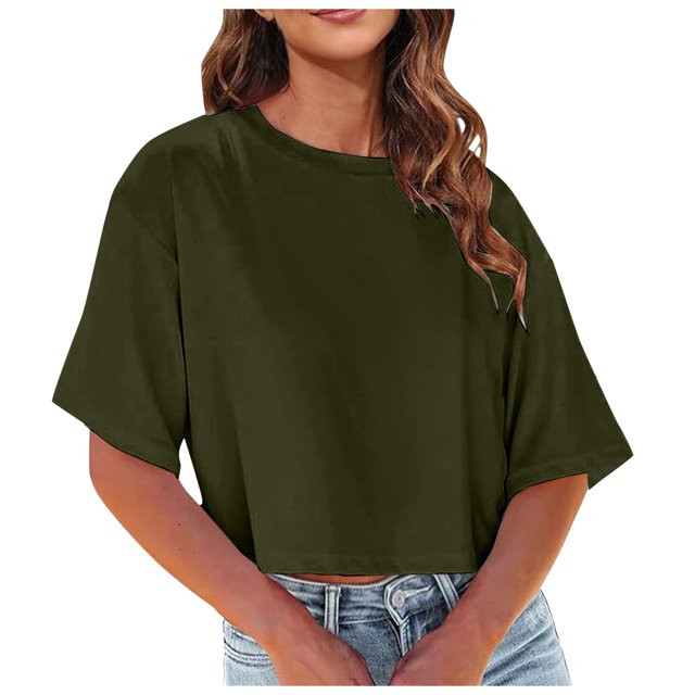Fgnfyis T-Shirts Courts à Col Rond pour Femmes, Manches Courtes, Épaules Dénudées, Hauts Courts, T-Shirts pour Femmes, Vert, G
