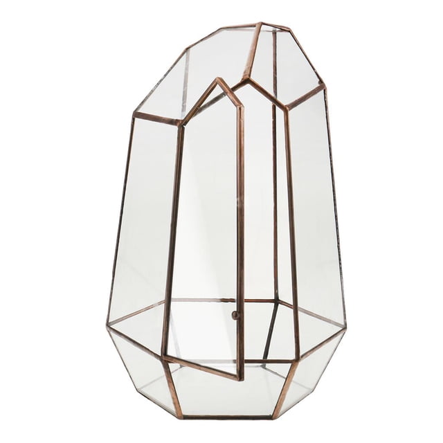 Irregular glass geometric terrarium box flower pot measuring 3.94 x 3.94 x 5.9 inches. Made of clear sodium calcium glass with a sturdy copper frame, featuring a modern design with angular panels and an openable section. Ideal for small plants like ferns, air plants, or cacti, as well as showcasing votive candles or keepsakes. Suitable for tabletop or patio use.