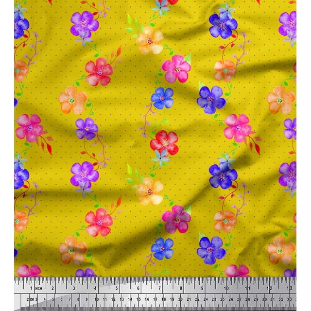 Soimoi Silk Fabric Dot,Leaves & Periwinkle Floral Fabric Prints By Yard 42 Inch Wide