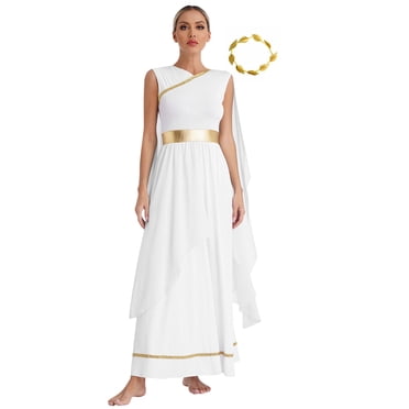 YiZYiF Costume de Toge Grecque pour Femme, Déguisement Grec Ancien avec Couvre-Chef à Feuille d'Or, Tenues de Fête d'Halloween, Blanc, TG