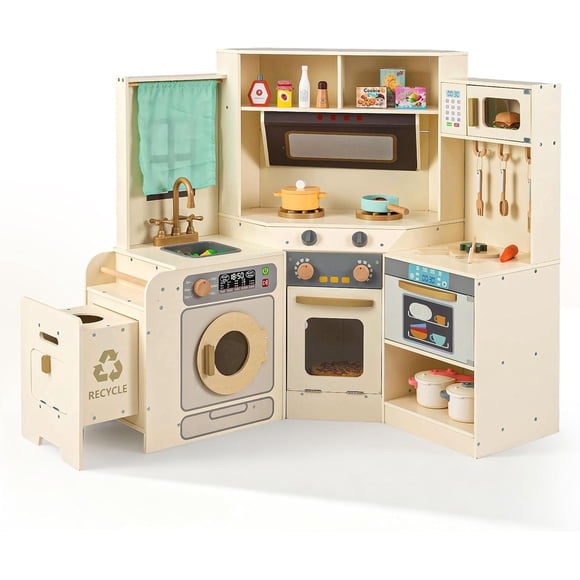 OLAKIDS Corner Kids Kitchen Play Set, Toddler Wooden Pretend Toy Cooking Set with Range Hood Dishwasher Trash Bin Light Sound Stove Storage Cabinet, Realistic Play Kitchen Gift for Boys Girls