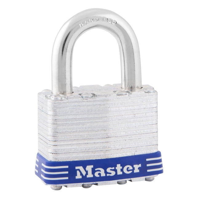 Master Lock Cadenas Laminé de 1-3/4 Pouces avec un Corps en Acier à Couches de 44 mm de Large et une Manille en Acier Durci Gravée « Durci ». Il a une base Bleue avec le logo Master Blanc, Conçu pour la Résistance aux Coupures et aux Chocs Lors de l'Utilisation de Quincaillerie.