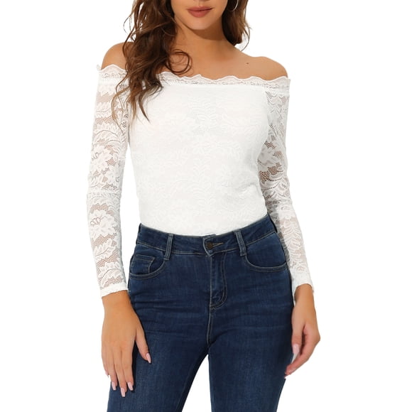 INSPIRE CHIC Off Shoulder Floral Lace Top for Women's Sheer Long Sleeves Slim Fit Casual Blouse XS White
