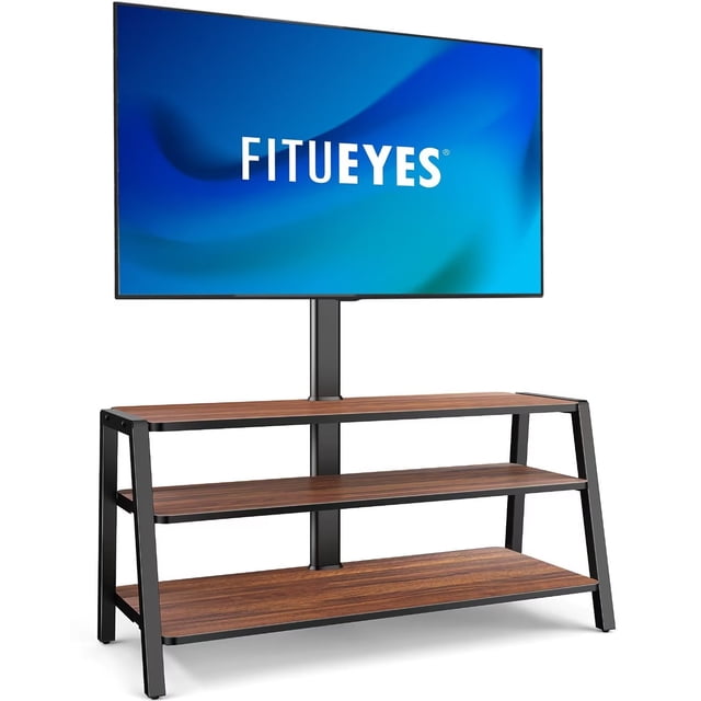 FITUEYES 3-Tier Floor TV Stand for 37-70 Inch TVs featuring a golden walnut board and black metal frame. The stand includes three adjustable shelves for storage and a height-adjustable TV mount compatible with VESA patterns up to 600x400mm. Designed for flat and curved screens, it supports up to 77 lbs and includes cable management for organized wiring. Ideal for living rooms, bedrooms, or dorms.