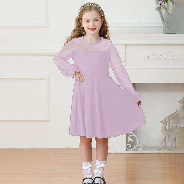 Robes pour Préadolescente à Manches Longues Robe Trapèze d'Été Robe Beige pour Filles Robe de Princesse pour Fille