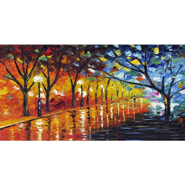 Design Art Stroll through Beauty Landscape Canvas Art depicting a gallery wrapped cotton canvas print of a park pathway with bare trees and glowing street lamps reflecting on a wet surface, blending warm autumn colours and cool blue sky tones, ready to hang with included hardware, made in Canada.