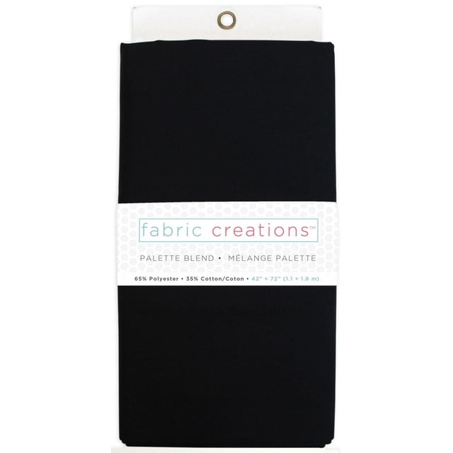 Fabric Creations Polycotton 65/35 pre-cut fabric in solid black, folded with a white label showing brand and fabric details, measuring 42 by 72 inches (1.1 by 1.8 meters). This lightweight, versatile fabric blend is suitable for quilting, garment stitching, and home décor projects.