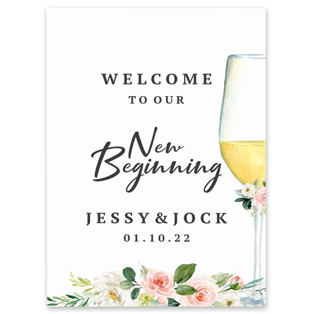 Darling Souvenir MADE WITH LOVE Personalized Welcome Sign/ Banner, Welcome To Our New Beginning Custom Wine Glass With Flowers Wedding, Engagement Party Sign - 18x12