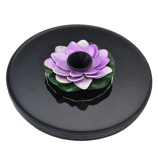 Loewten Solar Powered Water Fountain with a black circular solar panel base and a vibrant purple lotus flower centerpiece. Ideal for birdbaths, gardens, and small ponds, it features multiple nozzles for customizable spray styles and operates solely on solar energy, requiring no batteries or external power.