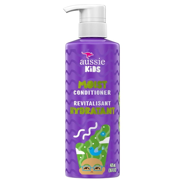 Aussie Revitalisant Humide Sans Sulfate pour Enfants en Bouteille à Pompe Violette de 475 ml (16 fl oz) avec Motifs Ondulés, Présentant le logo Aussie Kids et des illustrations Ludiques de Feuille Verte et d'Oiseau Bleu, Conçu pour Hydrater et Démêler les Cheveux des Enfants en Toute Sécurité Sans Parabènes, sulfates Ni Colorants.