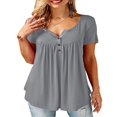thumbnail image 1 of Tunique Henley Grande Taille pour Femmes Col en V Boutonnée Manches Courtes Décontractée Blouse à Volants, 1 of 5