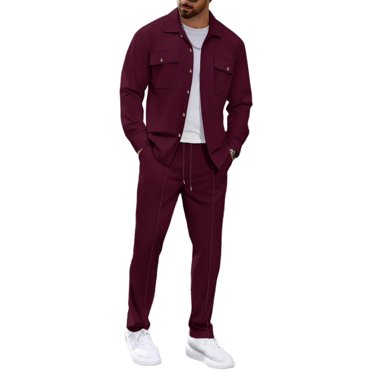 Erwazi Ensemble 2 Pcs pour Hommes Chemises à Manches Longues à Col Gaufré et Joggeurs à Cordon Ensembles de Détente Vacances Voyage Automne