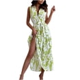 thumbnail image 1 of Robes d'Été pour Femmes Sans Manches à Col en V Portefeuille à Boutons Décontractée à Volants à Étages Robe Midi avec Fente, 1 of 7