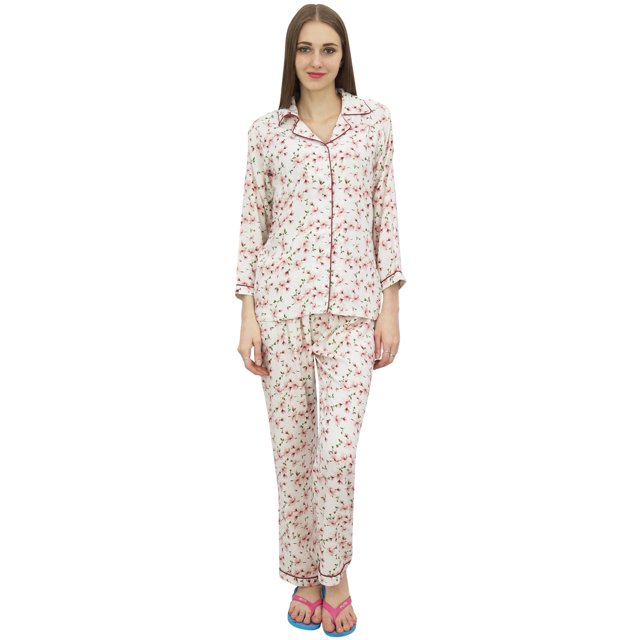 Bimba Off-White Printed Shirt With Elastic Waist Pajama Pant Night Wear Set-22