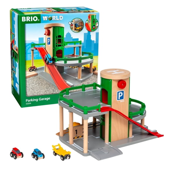 BRIO World Parking Garage - 7-Piece Wooden Toy Garage with 2 Cars, 1 Transporter Wagon, and Wooden Ramp Tracks - Works with All BRIO Train Sets - FSC