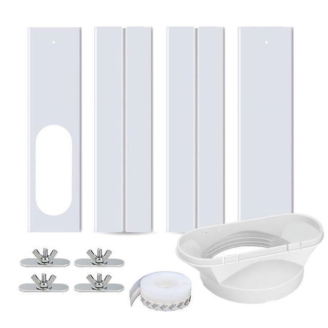 1 Set Air Conditioner Window Vent Kit Portable Air Conditioner Universal Window Seal Panel. The kit includes multiple white PVC panels, a flat connector, screws, and adhesive tape. Designed for sliding glass windows or doors, the panels are adjustable and feature set screws for secure installation. The flat connector allows for easy attachment to portable air conditioners, and the panels can be customized to fit various window lengths. Suitable for redirecting airflow and sealing windows effectively.