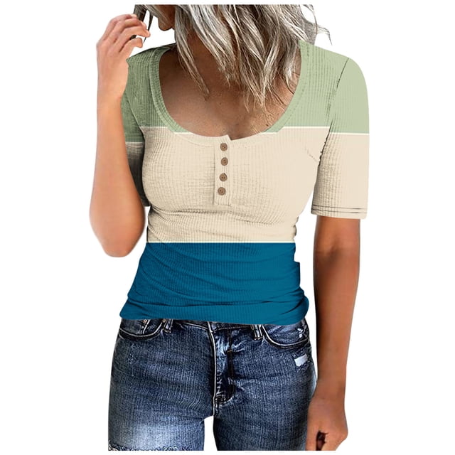 UPPADA Women's Summer Tops Short Sleeve V Neck Ribbed Knit Tees Trendy Button Front T Shirts Henley Solid Color Shirts Vacation Oufits Navy,XL