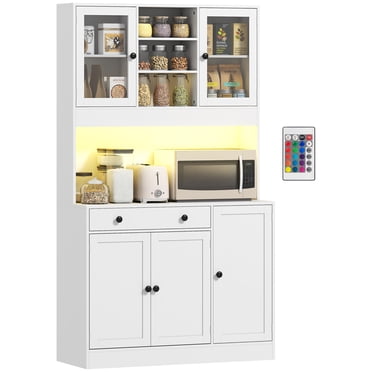 HOMCOM Armoire de Garde-Manger de Cuisine avec Lumière DEL, Vaisselier de Rangement, Blanc